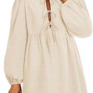 Women's Dress Fall Long Puff Sleeve Self Tie Front Babydoll A Line Pleated Cute